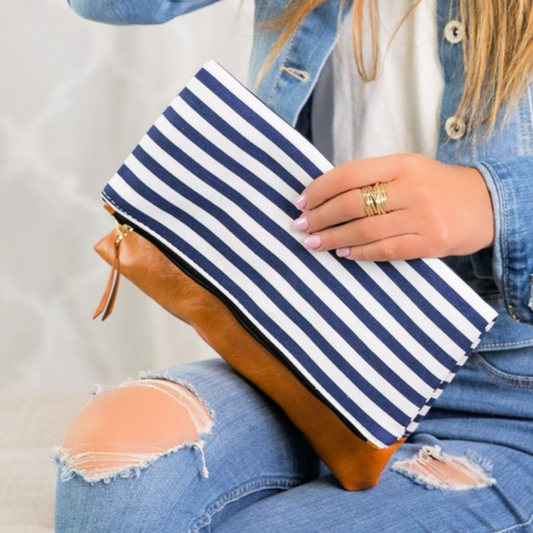 Stripe Fold Over Zipper Clutch Handbag Purse