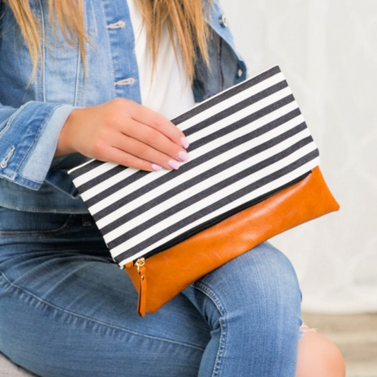 Stripe Fold Over Zipper Clutch Handbag Purse