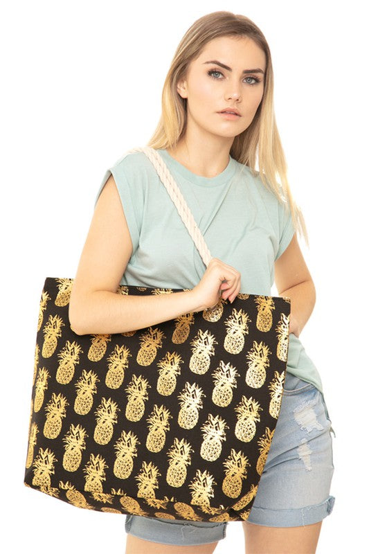 Gold Foil Pineapple Beach Bag