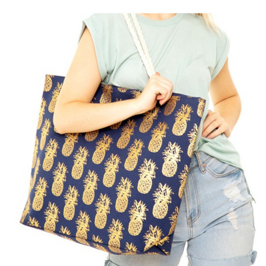 Gold Foil Pineapple Beach Bag